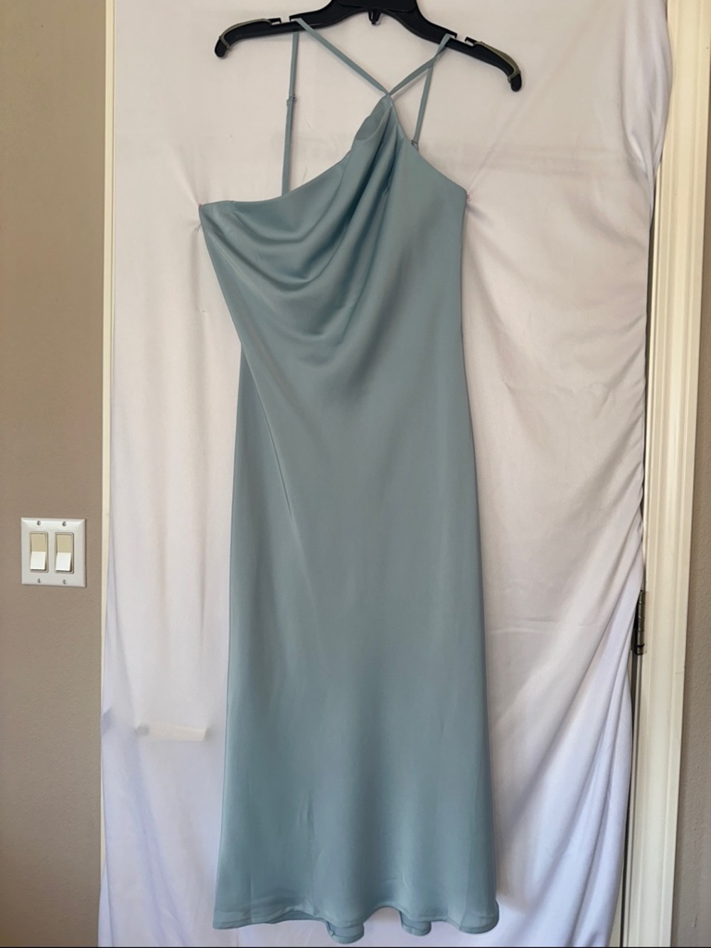 One-Shoulder Draped Slip Dress in Dusty Blue